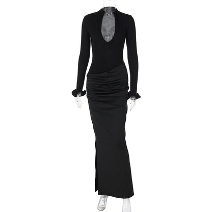 Women Clothing Sexy Deep V Plunge Long Sleeve Solid Color Sexy Double Stitching Pleated Maxi Dress