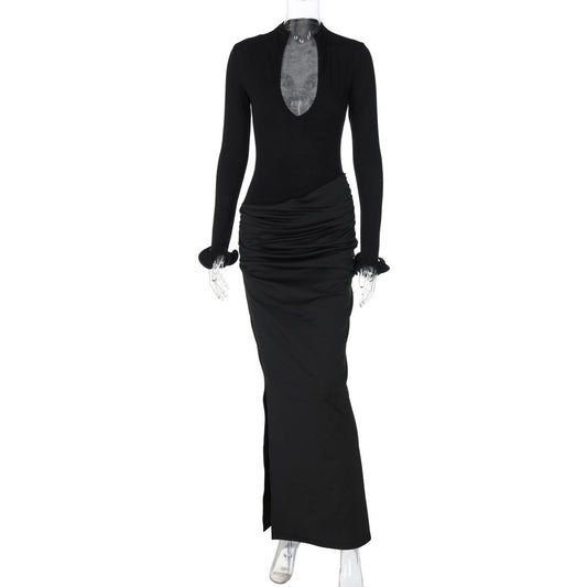 Women Clothing Sexy Deep V Plunge Long Sleeve Solid Color Sexy Double Stitching Pleated Maxi Dress