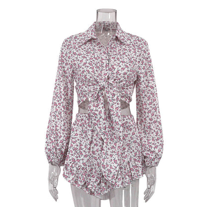 Floral Women Clothing Long Sleeve Collared Shirt Ruffled Shorts Two Piece Set