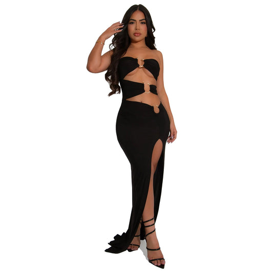 Women Wear Solid Color Slim Fit Sexy Slit Maxi Dress