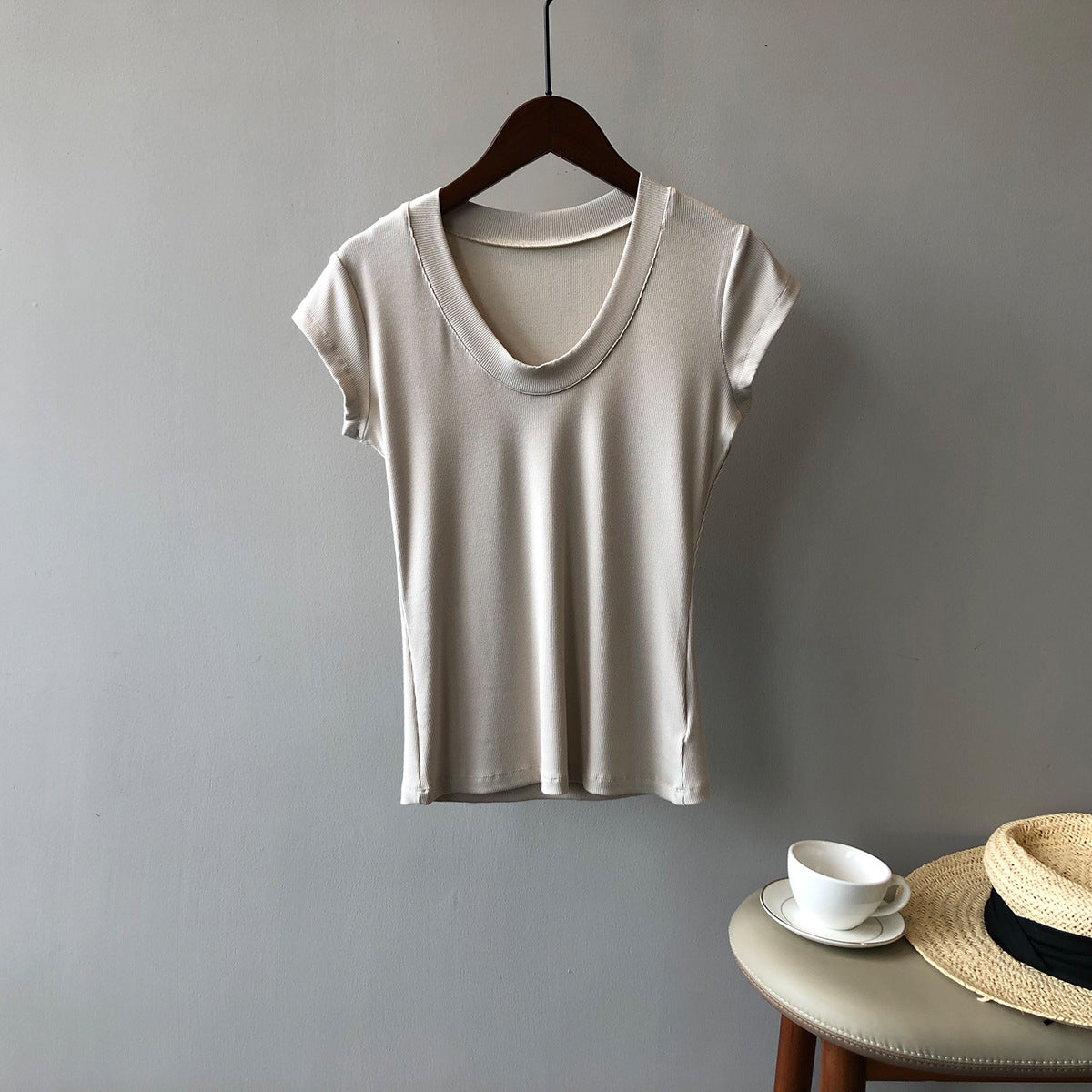 Solid Color T shirt for Women Summer Simplicity U Collar Slimming Stretch T shirt Top for Women