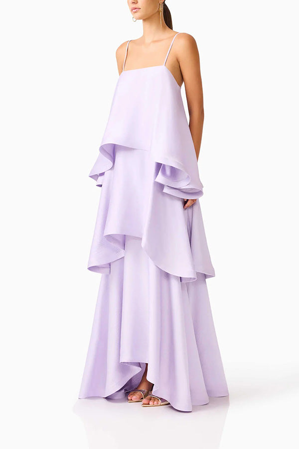 Soft and Smooth Satin Tiered Slip Square Neck A-line Maxi Dress