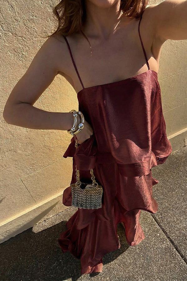 Soft and Smooth Satin Tiered Slip Square Neck A-line Maxi Dress