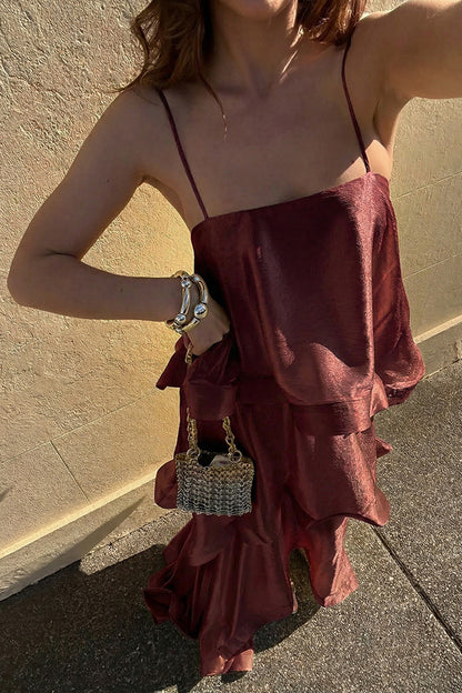 Soft and Smooth Satin Tiered Slip Square Neck A-line Maxi Dress