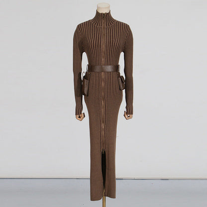 Long Dress Autumn Pocket Belt Design Waist Tight Slimming Knitted Dress Women
