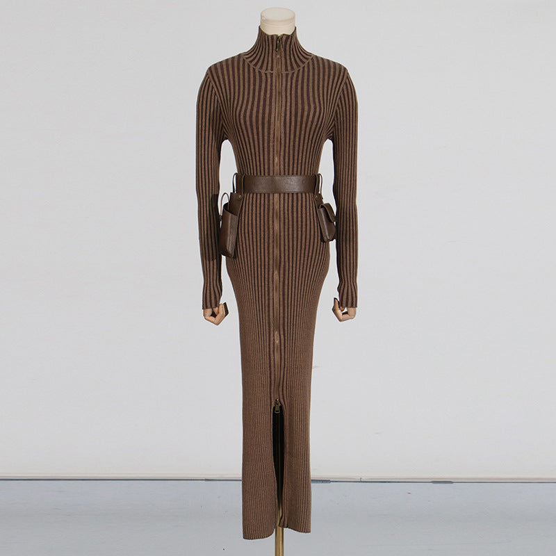 Long Dress Autumn Pocket Belt Design Waist Tight Slimming Knitted Dress Women