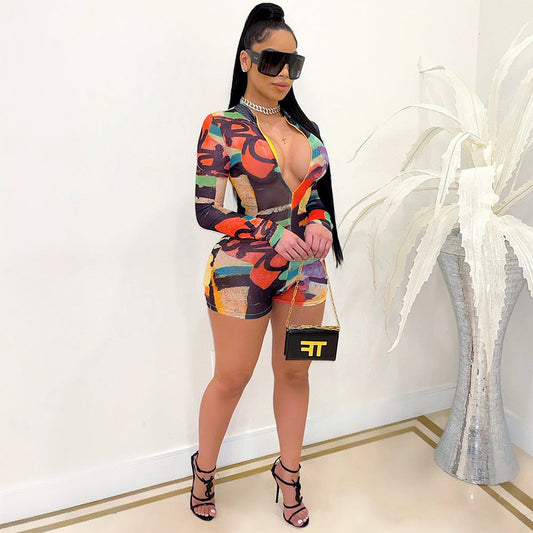 Women Clothing Sexy Digital Printing Jumpsuit
