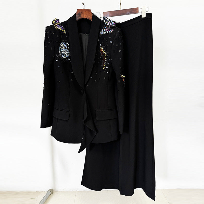 Autumn Winter Star Heavy Industry Three Dimensional Butterfly Beads Rhinestones Work Pant Two Pieces Sets