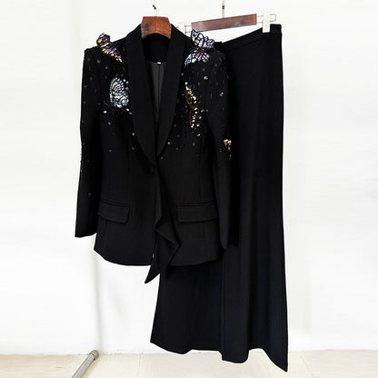 Autumn Winter Star Heavy Industry Three Dimensional Butterfly Beads Rhinestones Work Pant Two Pieces Sets