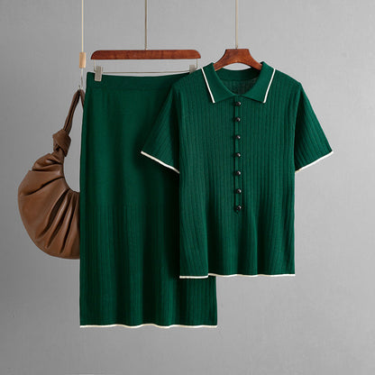 Women Clothing Elegant Knitted Skirt Set Spring Summer Polo Collar Two Piece Set