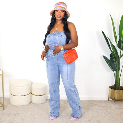 Autumn Winter Stitched Backless Pocket Washing Water Denim Jumpsuit Women