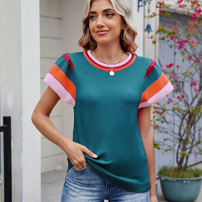 Women Clothing Summer Pullover round Neck Knitted Top Sweater with Short Sleeves