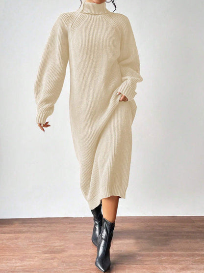 Women Clothing Woolen Pullover High Collar Long Sleeve Knitted Dress Solid Color Long Inner Wear Dress