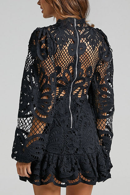 Solid Color Hollow Long-sleeved Waisted Lace Mini Dress