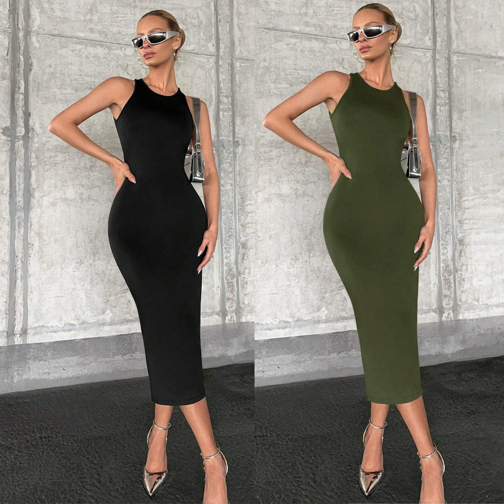 Women Clothing Spring Summer Solid Color Slim Fit Sexy Cutout Vest Dress
