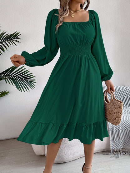 Spring Summer Casual Solid Color Square Collar Long Sleeve Waist Trimming Ruffles A line Dress Women Clothing