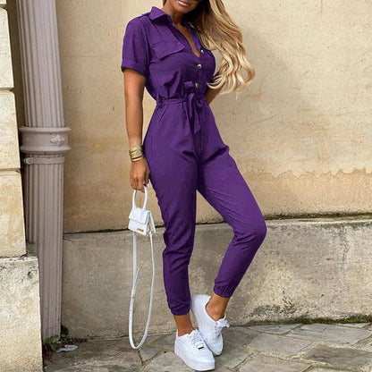 Women Clothing Trousers Casual Collared Button Printed Belt Cargo Overalls Plus size