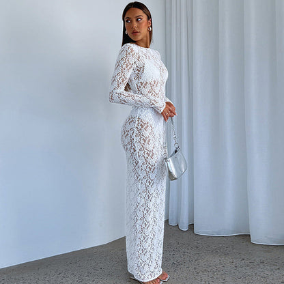 Women Clothing Spring Summer Solid Color Lace See through Long Sleeve Mid Length Dress