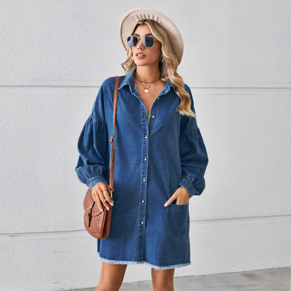 Women Loose Denim Long Sleeve Frayed Dress Midi Dress
