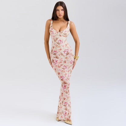 Floral Print Deep V-Neck Fitted Party Dress