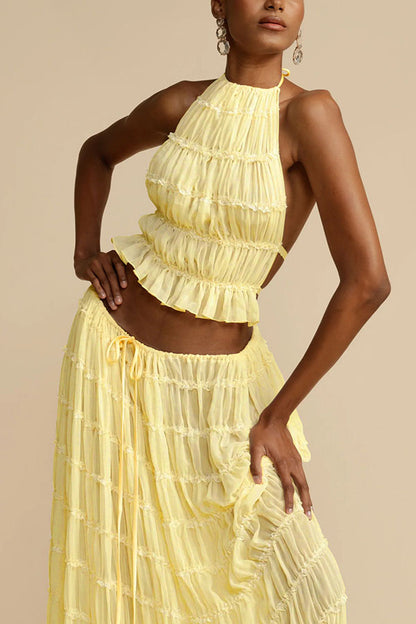 Versatile retro charm pleated drawstring waistline long skirt set