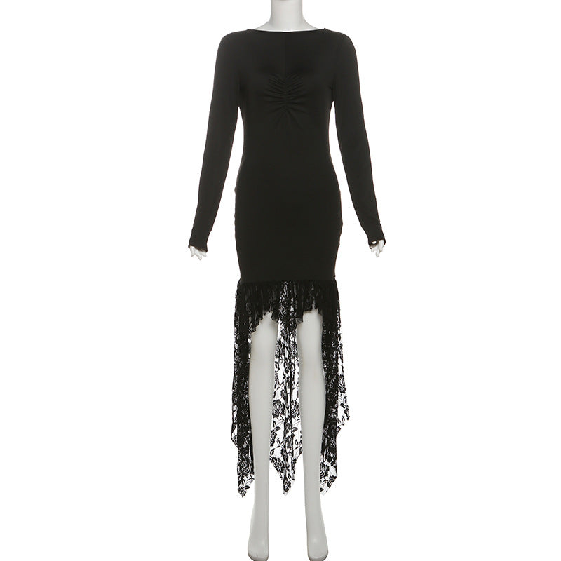 Winter Women Clothing Trendy Long Sleeve Irregular Asymmetric Lace Stitching Sexy Backless