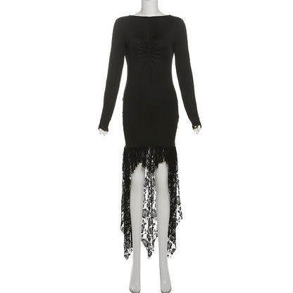 Winter Women Clothing Trendy Long Sleeve Irregular Asymmetric Lace Stitching Sexy Backless