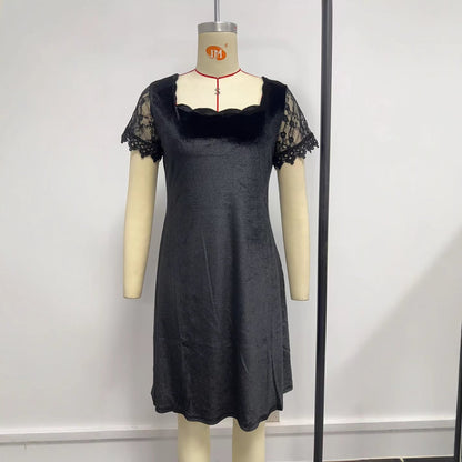 Winter Women Clothing Lace Short Sleeve Slim Fit Solid Color Slimming Dress