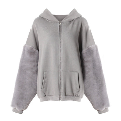 Winter Hooded Fleece lined Furry Sleeves Sweatshirt Women Idle Casual Loose Sleeve Length Cardigan Outerwear Top
