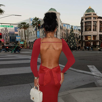 Autumn Holiday Sexy Long Sleeve Backless Bow Slim Fit Dress Women