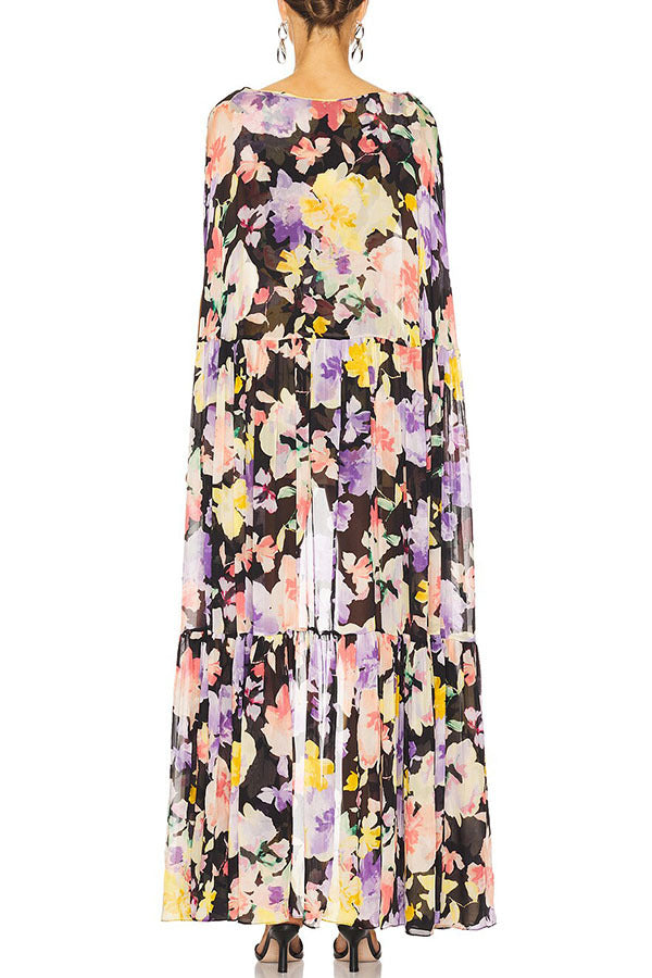 Garden Party Contrast Floral Print High Low Cape Maxi Dress