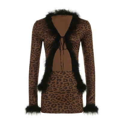 Sexy Furry Stitching Tied Cardigan Long Sleeved Top Leopard Print Skirt Set Two Piece Set