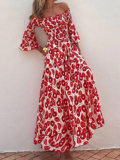 Ladies' Vacation Flower Street Elegant Printed Off Shoulder Waist Pocket Long Dress