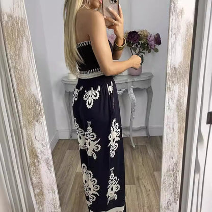 Street Hipster Wrapped Chest Printed Jumpsuit High Waist Casual Pants Women