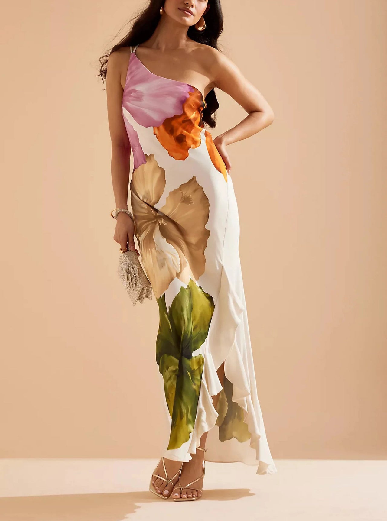 Ladies' Fashion Design Flower Printed Elegant Single Shoulder Side Ruffle Long Dress