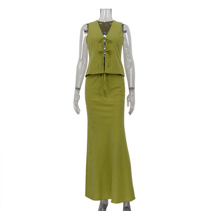 Sleeveless Lace up Vest Top Women Summer Vest Skirt Two Piece Set
