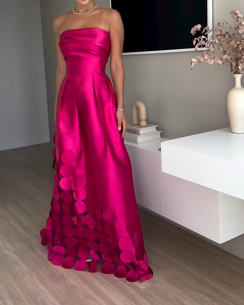 Luxurious Poise Satin Spliced mesh Polka-dot Fabric Off Shoulder Formal Maxi Dress