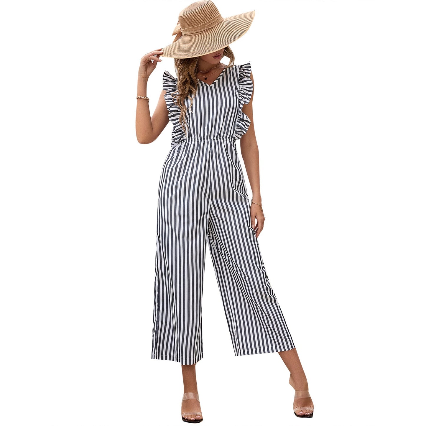 Women Clothing Casual Short Sleeve Slim off Shoulder Striped Jumpsuit