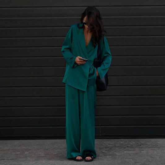 Casual Green Satin Suit Two Piece Set Western Women Clothing High End