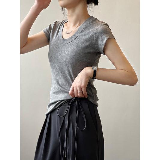 Solid Color T shirt for Women Summer Simplicity U Collar Slimming Stretch T shirt Top for Women