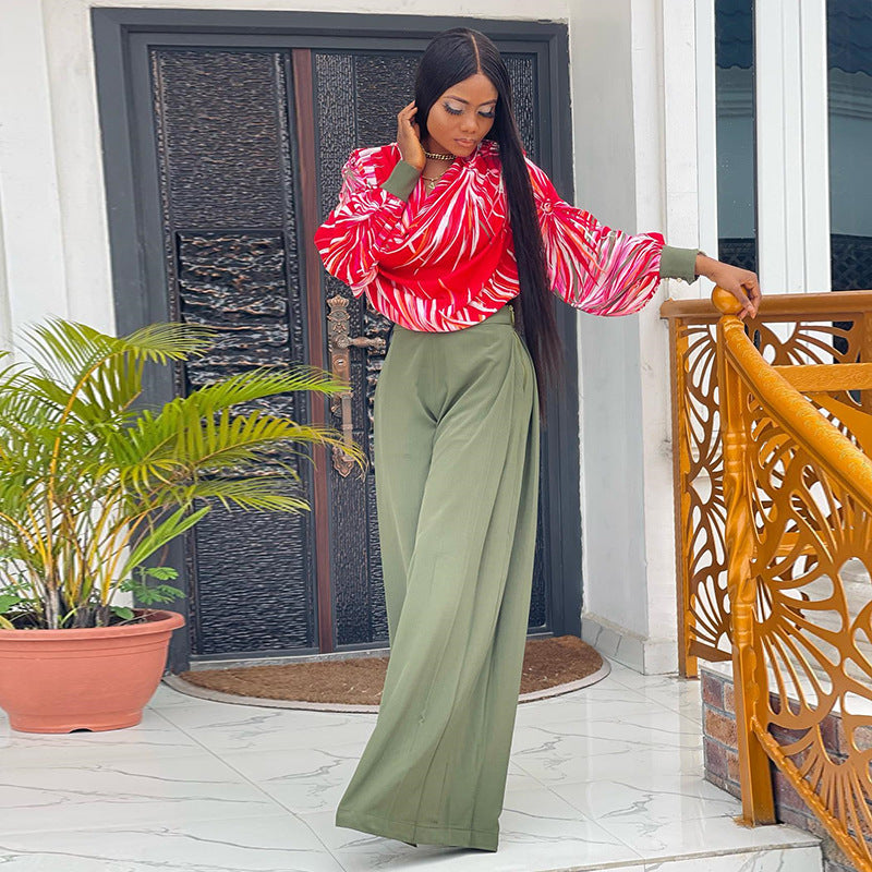 Women Clothing Spring Print Lantern Sleeve Shirt Wide Leg Work Pant Casual Suit