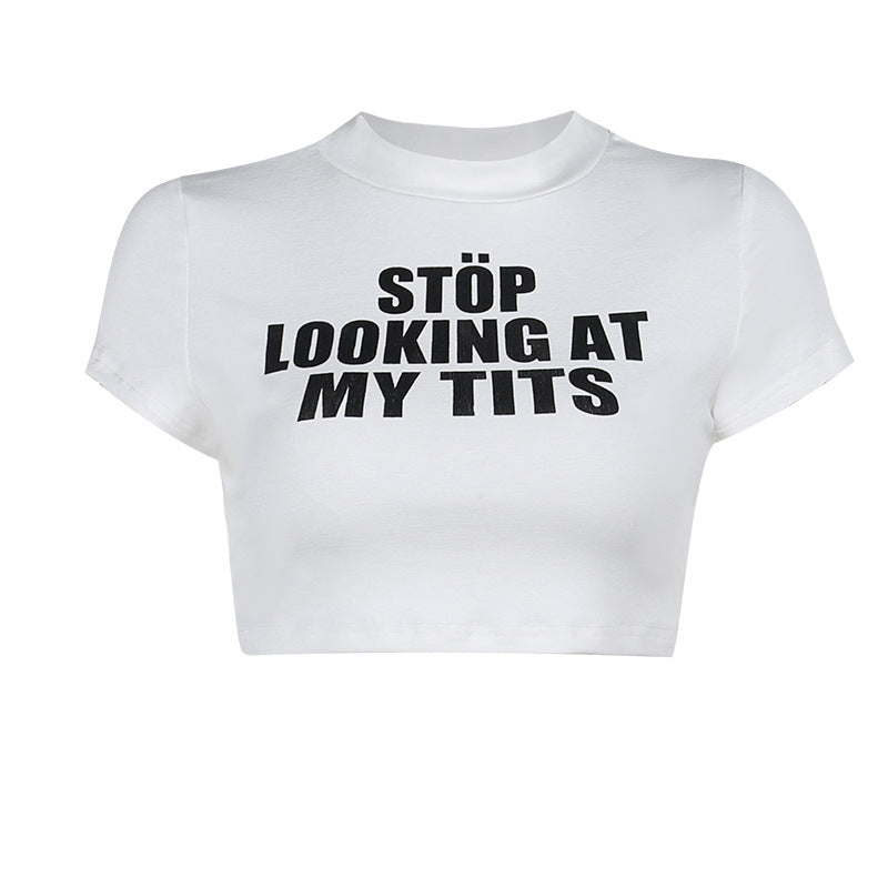 Autumn Sexy Cropped T shirt Casual Slim Fit All Match Letters Printed Minicoat Women Clothing