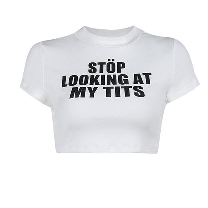 Autumn Sexy Cropped T shirt Casual Slim Fit All Match Letters Printed Minicoat Women Clothing