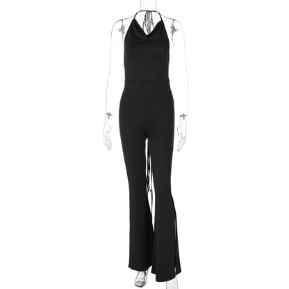 Women Clothing Summer Sexy Backless Fold Split Slim Fit Tied Jumpsuit