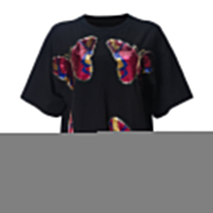 Women Clothing Personality Street Sequin Embroidered Crew Neck Short-Sleeved T shirt Women Top