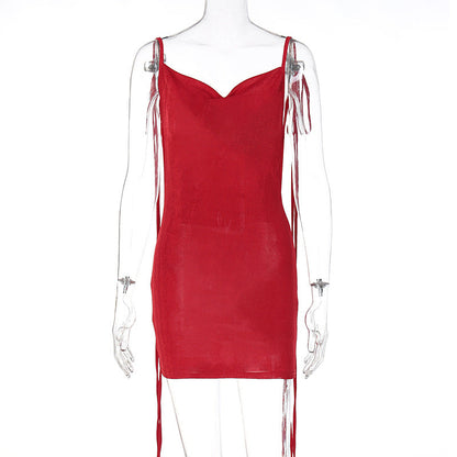 Women Clothing Autumn Sexy Backless Lace up Slim Fit Dress