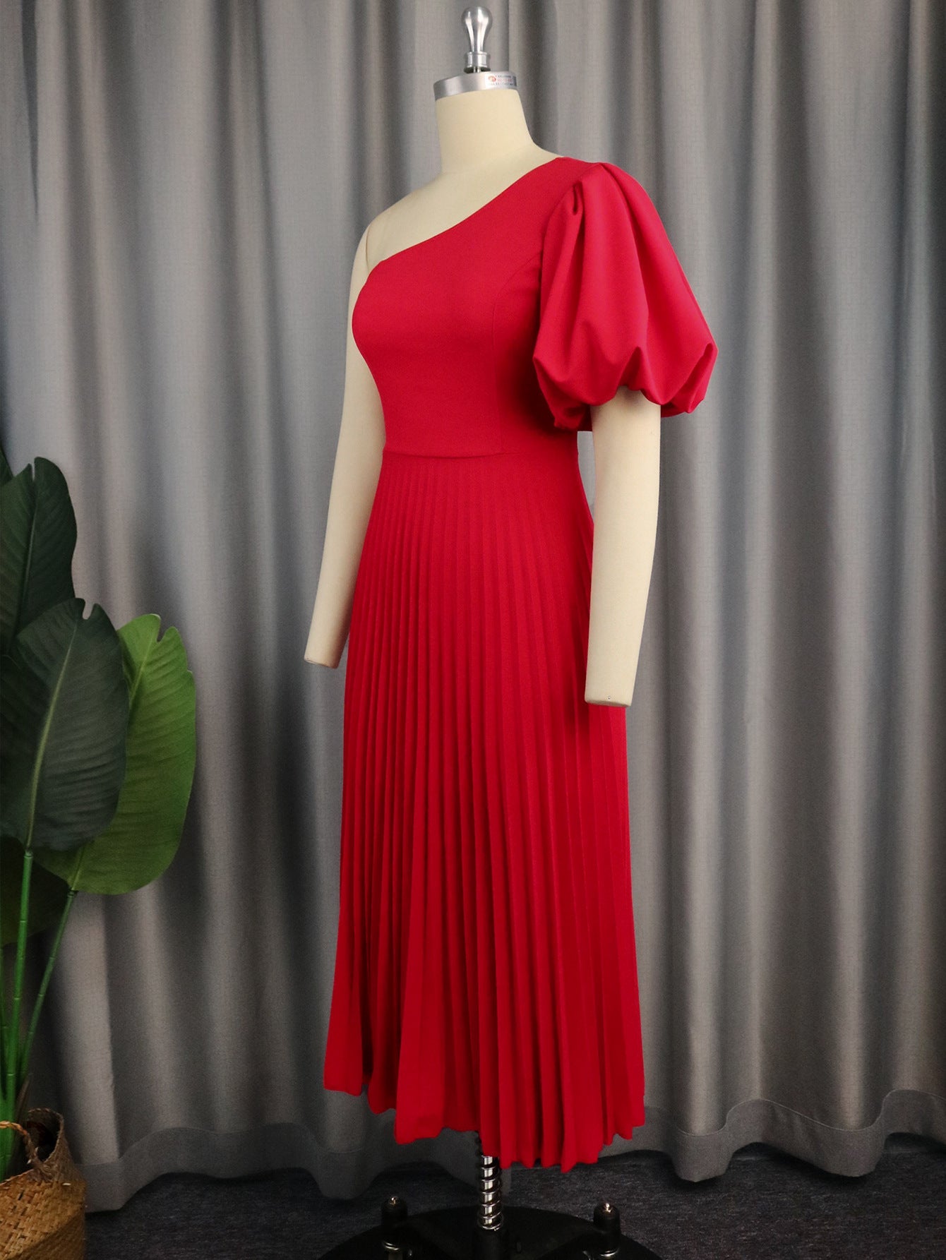 Aomei Spring Casual One Shoulder Diagonal Collar Pleated Dress Spring Outing Beach Vacation Puff Sleeve Dress Dresses