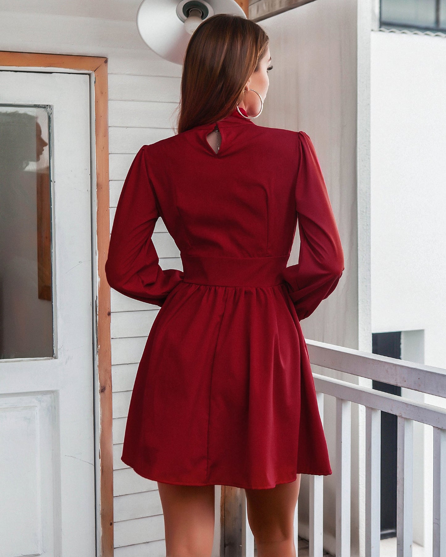 Women Clothing Autumn Winter Turtleneck Long Sleeve Pleated Dress