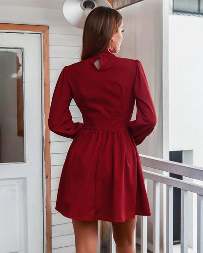 Women Clothing Autumn Winter Turtleneck Long Sleeve Pleated Dress
