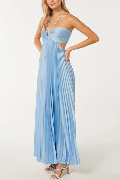 Caught Your Eye Satin Pleated Cross Straps Cutout Flowing Maxi Dress